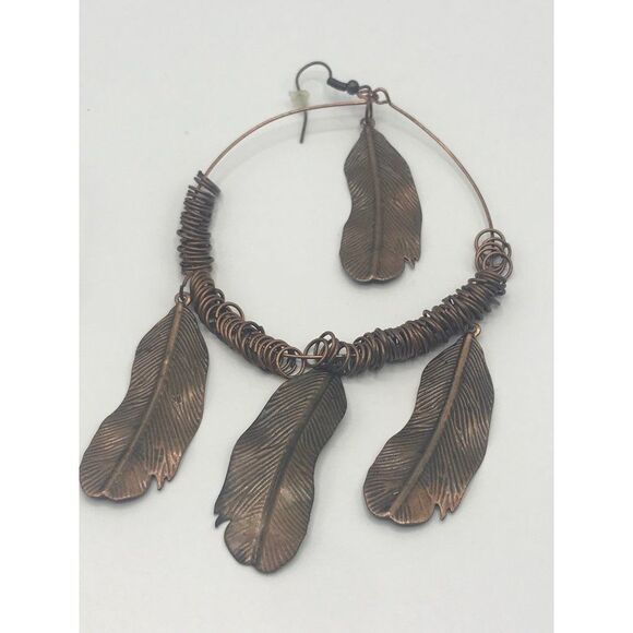 Boho Tribal copper feather hoop dangle French hook statement earrings. - Picture 4 of 7